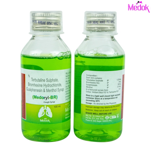 Product Name: Medoryl BR, Compositions of Medoryl BR are Terbutaline sulphate bromhexine hydrochloride guaiphenesin & menthol syrup - Medok Life Sciences Pvt. Ltd