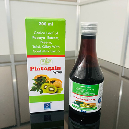 Product Name: Platogain, Compositions of Platogain are Carico Leaf of Papaya Extract Neem,Tulsi,Giloy With Goat Milk Syrup - Gainmed Biotech Private Limited