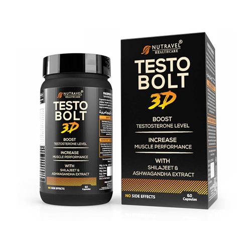 Product Name: Testo bolt 3d, Compositions of Testo bolt 3d are BOOST TESTOSTERONE LEVEL INCREASE MUSCLE PERFORMANCE WITH SHILAJEET & ASHWAGANDHA EXTRACT - Nutravel Healthcare