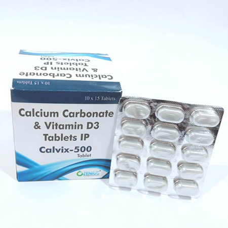 Product Name: CALVIX 500, Compositions of CALVIX 500 are Calcium Carbonate & Vitamin D3 Tablets IP - Ozenius Pharmaceutials