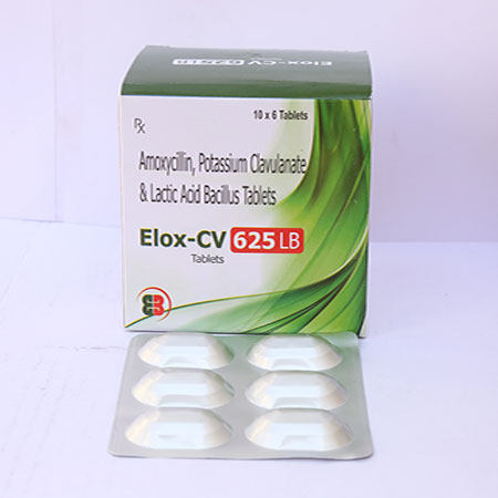 Product Name: Elox CV 625LB, Compositions of Amoxycillin, Potassium Clavulanate & Lactic Acid Bacillus Tablets are Amoxycillin, Potassium Clavulanate & Lactic Acid Bacillus Tablets - Eviza Biotech Pvt. Ltd