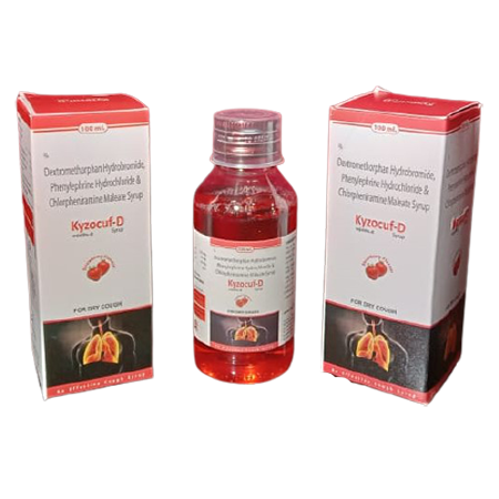 Product Name: Kyzocuf D, Compositions of Kyzocuf D are Dextromethorphan HCL, Phenylphrine HCL & Chlorpherizamine Maleate syrup - Kevlar Healthcare Pvt Ltd