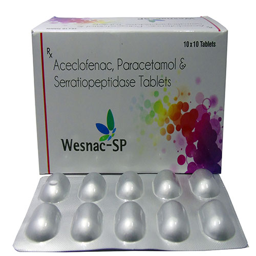 Product Name: WESNAC SP, Compositions of WESNAC SP are Aceclofenac 100mg+Paracetamol 325mg + Serratiopeptidase 15mg - Edelweiss Lifecare