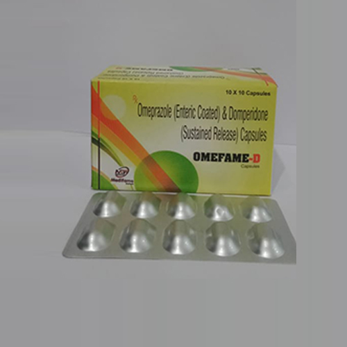 Product Name: Omefame D, Compositions of Omefame D are Omeprazole (Enteric Coated)& Dompeidone (Sustained Release) Capsules - Medifame Biotech