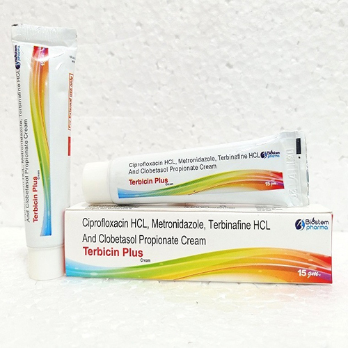 Product Name: TERBICIN PLUS, Compositions of TERBICIN PLUS are rx ciprofloxacin metronidazole terbinafine hydrochloride and clobetasol propionate cream uses - Biostem Pharma Pvt Ltd