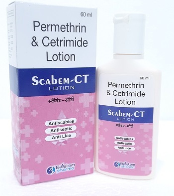 Product Name: SCABEM CT LOTION, Compositions of SCABEM CT LOTION are Permethrin & Cetrimide Lotion - Biostem Pharma Pvt Ltd