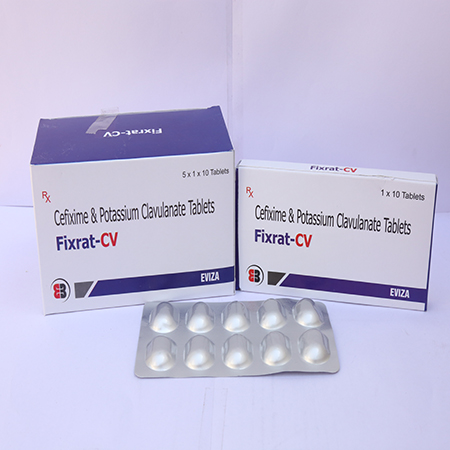 Product Name: Fixrat CV, Compositions of Fixrat CV are Cefixime & Potassium Clavulanate Tablets - Eviza Biotech Pvt. Ltd