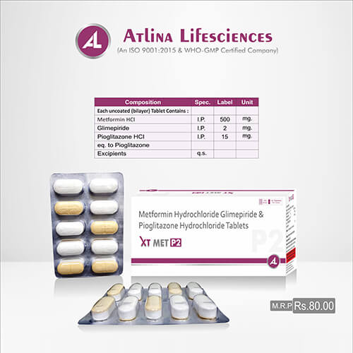 Product Name: XT Met P2, Compositions of XT Met P2 are Metfortin Hydrochloride,Glimepiride,Pioglitazone,Hydrochloride Tablets - Atlina LifeSciences Private Limited
