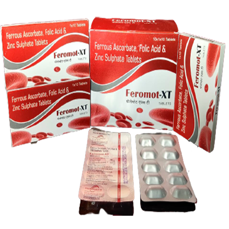 Product Name: Feromot XT, Compositions of Feromot XT are Ferrous Ascrobate, Folic Acid & Zinc Sulphate Tablets - Kevlar Healthcare Pvt Ltd