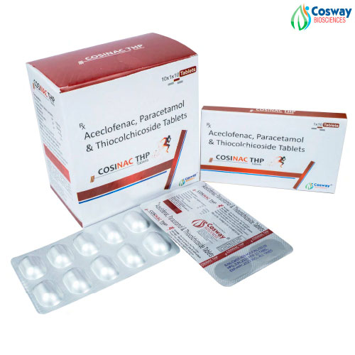 Product Name: COSINAC THP, Compositions of COSINAC THP are ACELOFENAC 100 MG + THIOCOLCHICOSIDE 4 MG - Cosway Biosciences