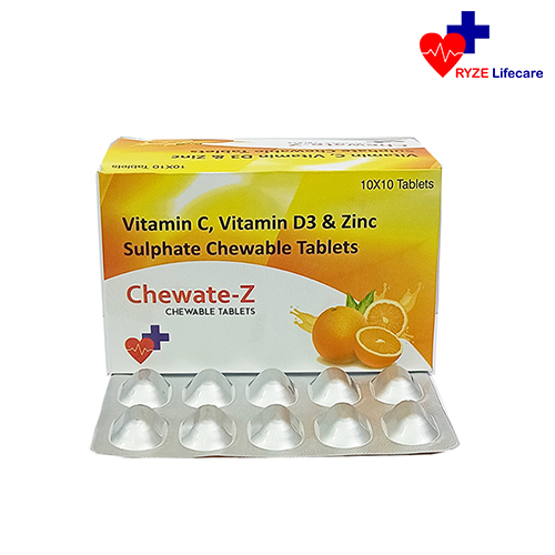 Product Name: Chewate  Z, Compositions of Chewate  Z are Vitamin C, Vitamin D3 & Zinc Sulphate Chewable Tablets  - Ryze Lifecare