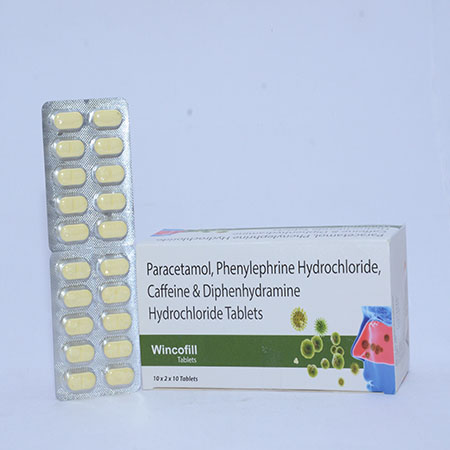 Product Name: WINCOFILL, Compositions of WINCOFILL are Paracetamol, Phenylphrine HCL, Caffeine & Diphenhydramine HCL Tablets - Alencure Biotech Pvt Ltd