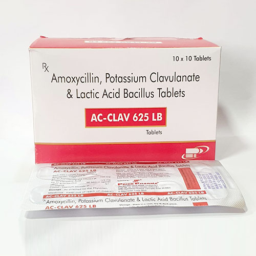 Product Name: Ac Clav 625 LB, Compositions of Ac Clav 625 LB are Amoxycillin,Potassium Clavulanate & Lactic Acid Bacillus Tablets - Pride Pharma