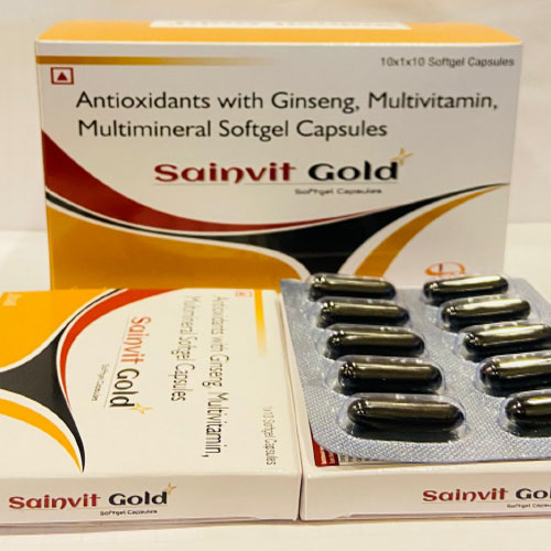 Product Name: Sainvit Gold, Compositions of Sainvit Gold are Antioxidants with Ginseng Multivitamin and Multimineral Softgel Capsules - Disan Pharma