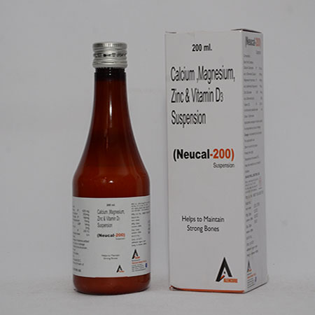 Product Name: Neucal 200, Compositions of Neucal 200 are Calcium, Magnesium, Zinc & Vitamin D3 Suspension - Alencure Biotech Pvt Ltd