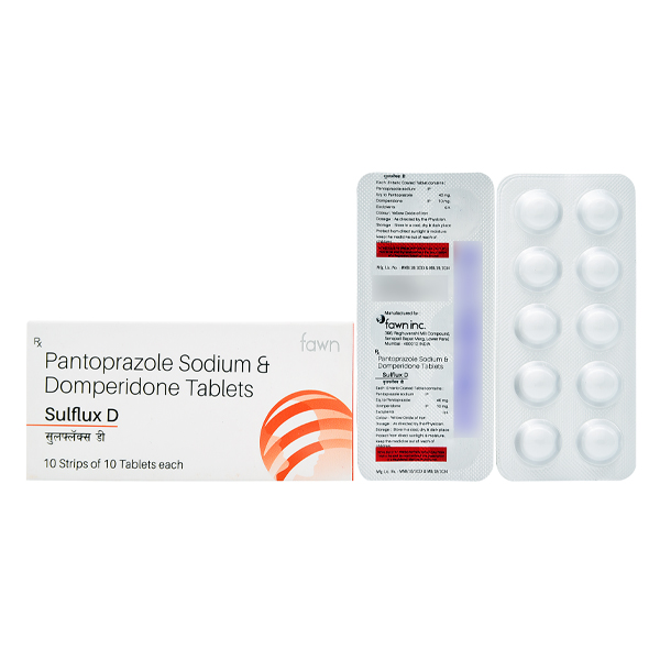 Product Name: SULFLUX D, Compositions of SULFLUX D are Pantoprazole 40 mg + Domperidone 10 mg - Fawn Incorporation