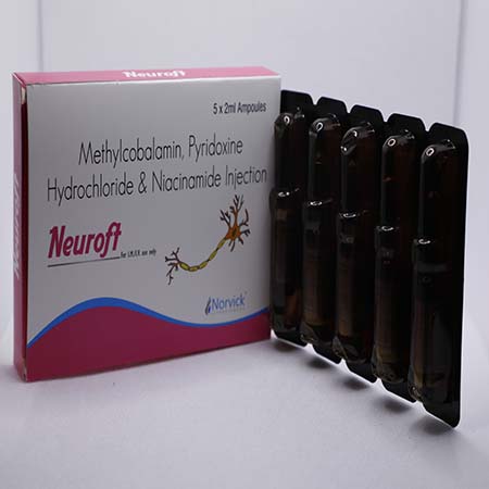 Product Name: Neuroft, Compositions of Neuroft are Methylcobalamin, Pyridoxine Hydrochloride and Niacinamide Injection - Norvick Lifesciences