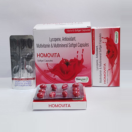 Product Name: Homovita, Compositions of Homovita are Lycopenec,Antioxidant,Multivitamin & Multimineral Softgel Capsules - Abigail Healthcare