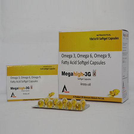 Product Name: MEGAHIGH 3G, Compositions of MEGAHIGH 3G are Omega 3, Omega 6, Omega 9, Fatty Acid Softgel Capsules - Alencure Biotech Pvt Ltd