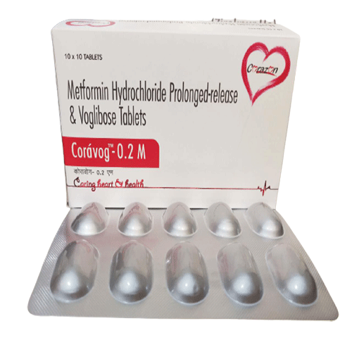 Product Name: Coravog 0.2 M, Compositions of Coravog 0.2 M are Metformin Hydrochloride  Prolonged-Release  & VogliboseTablets  - Arlak Biotech