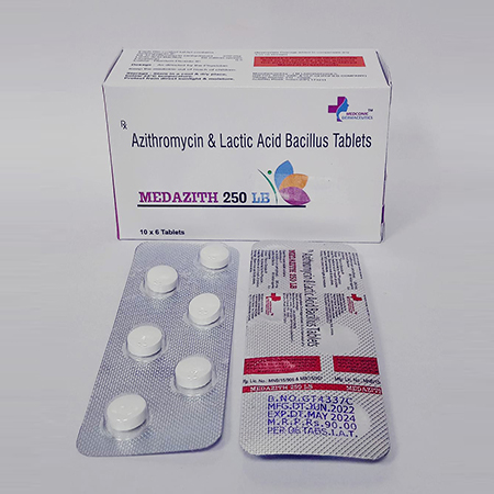 Product Name: Medazith, Compositions of Medazith are Azithromycin & Lactic Basillus Tablets - Ronish Bioceuticals