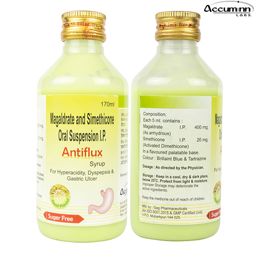 Product Name: Antiflux, Compositions of Antiflux are Magaldrate & Simethicone Oral Suspension IP - Accuminn Labs