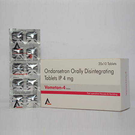 Product Name: VOMETON 4, Compositions of VOMETON 4 are Ondansetron Orally Disintegrating Tablets IP 4 mg - Alencure Biotech Pvt Ltd