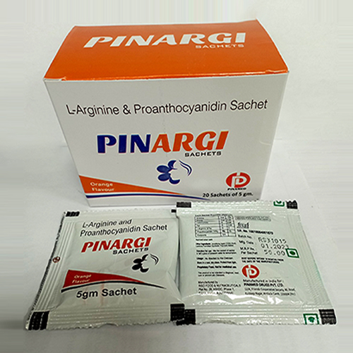 Product Name: Pinargi, Compositions of Pinargi are L-Arginine & Proanthocyanidin Sachet - Pinamed Drugs Private Limited