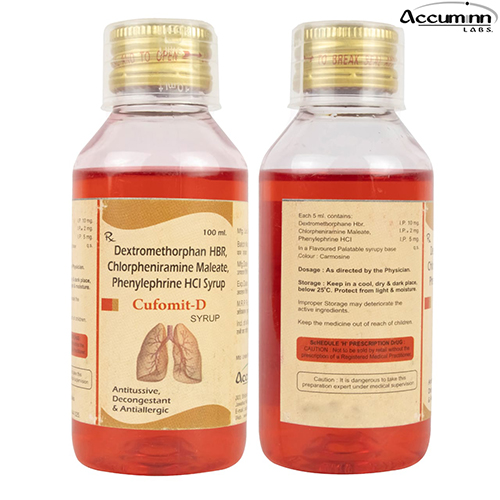 Product Name: Cufomit D, Compositions of Cufomit D are Dextromethorphan HBR , Chlorpheniramine Maleate, Phenylphrine HCL syrup - Accuminn Labs