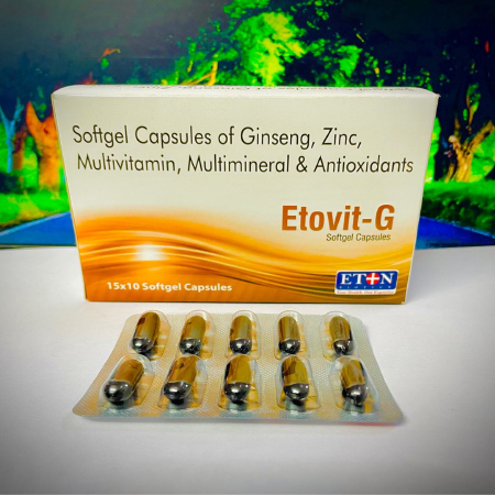 Product Name: Etovit G, Compositions of are Softgel Capsules of Ginseg ,Zinc,Multivitamin,Multimineral & Antioxidants - Eton Biotech Private Limited