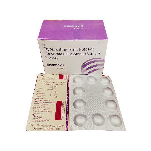 Product Name: ENZOBAY D, Compositions of ENZOBAY D are Trypsin 48 mg+ Bromelain 90 mg. + Rutoside Trihydrate 100 mg.+ Diclofenac Sodium 50 mg. - Fawn Incorporation