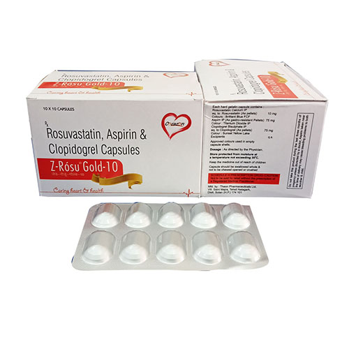 Product Name: Z Rosu Gold 10, Compositions of Z Rosu Gold 10 are Rosuvastin,Aspirin & Clopidogrel Capsules - Arlak Biotech