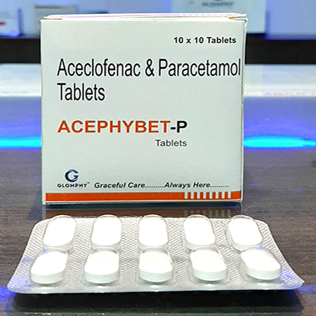 Product Name: Acephybet p, Compositions of Acephybet p are Aceclofenac & paracetamol Tablets - Glomphy Biotech