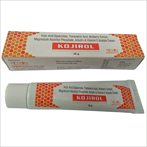 Product Name: Kojirol, Compositions of Kojirol are Kojic-Acid-Dipalmitate-Tranexamic-Acid-Mulberry-Extract-Magnesium-Ascorbyl-Phosphate-Arbutin-Vitamin-E-Acetate-Cream - Xenon Pharma Pvt. Ltd