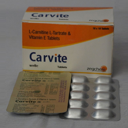 Product Name: Carvite, Compositions of Carvite are L-Carnitine,L-Tartrate & Vitamin E Tablets - Zegchem