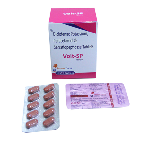 Product Name: Volt SP, Compositions of Volt SP are Diclofenac Potassium, Paracetamol & Serratiopeptidase Tablets - Davemax Pharma