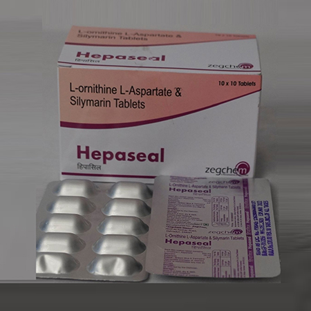 Product Name: Hepaseal, Compositions of Hepaseal are L-Ornitine L-Aspartate & Silymarin Tablets - Zegchem