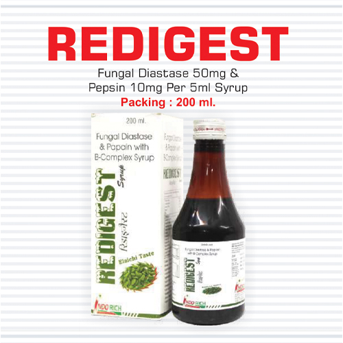 Product Name: Redigest, Compositions of Redigest are Fungal Diastase and Pepsin with B-Complex Syrup - Pharma Drugs and Chemicals
