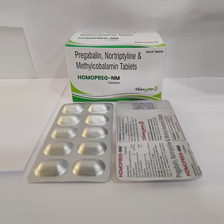 Product Name: Homopreg Nm, Compositions of Homopreg Nm are Pregabalin,Nortriptyline & Methylcobalamin Tablets - Abigail Healthcare