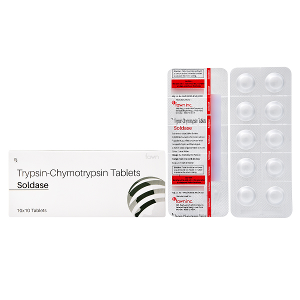 Product Name: SOLDASE, Compositions of SOLDASE are Trypsin-Chymotrypsin 1,00,000 Armour Units - Fawn Incorporation