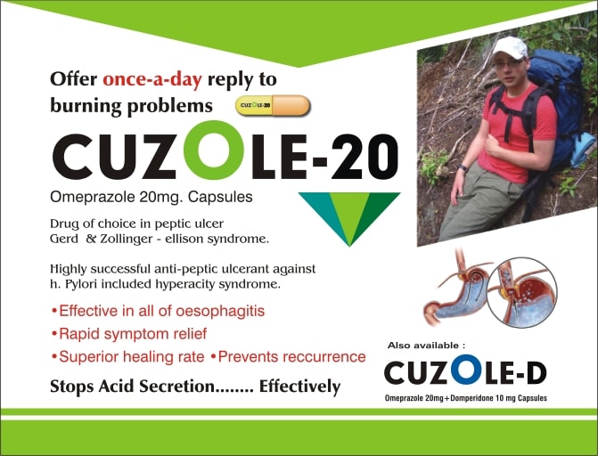 Product Name: Cuzole 20, Compositions of are Omeprazole  I.P.  20 mg  (As enteric coated granules) Approved colour used in empty capsule shells - Biotropics Formulations