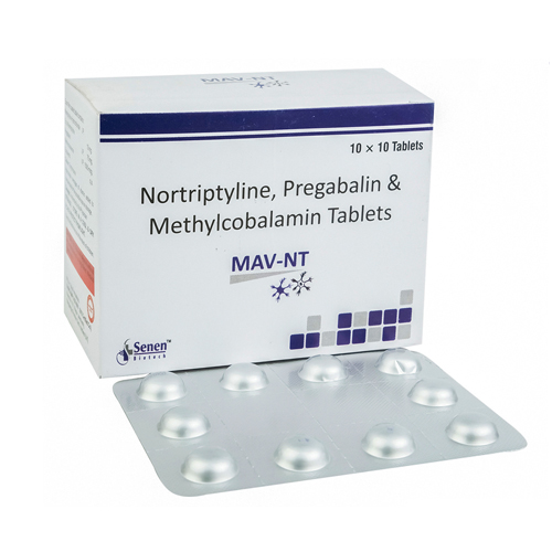 Product Name: Mav NT, Compositions of Mav NT are Nortriptyline, Pregabalin & Methylcobalamin Tablets - Senen Biotech