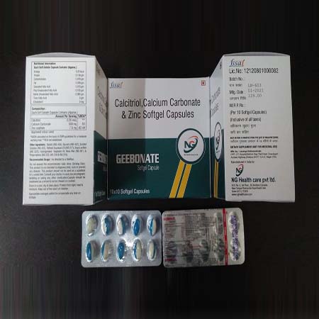 Product Name: Geebonate, Compositions of Geebonate are Calcitriol,Calcium Carbonate & Zinc Softgel Capsules - NG Healthcare Pvt Ltd