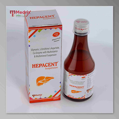 Product Name: HEPACENT, Compositions of HEPACENT are Silymarin, L-Ornithine L-Asparate, Co-Enzyme with Multivitamin & Multimineral Suspension. - Medrix Labs Pvt Ltd