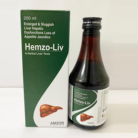 Product Name: Hemzo Liv, Compositions of Hemzo Liv are Enlarged & Sluggish Liver Hepatic Dysfuntion Loss of Appetite Jaundice - Amzor Healthcare Pvt. Ltd