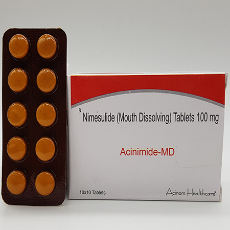 Product Name: Acinimide MD, Compositions of Acinimide MD are Nimesulide (Mouth Dissolving) Tablets 100 mg - Acinom Healthcare