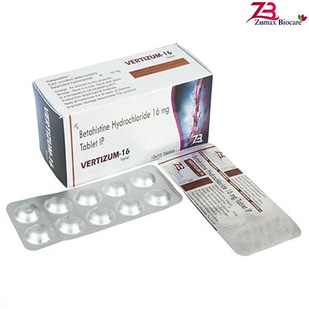 Product Name: Vertizem 16, Compositions of Vertizem 16 are Betahistine Hydrochloride 16 mg Tablets IP - Zumax Biocare