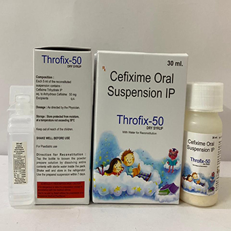 Product Name: Throfix 50, Compositions of Throfix 50 are Cefixime Oral Suspension IP - Amzor Healthcare Pvt. Ltd