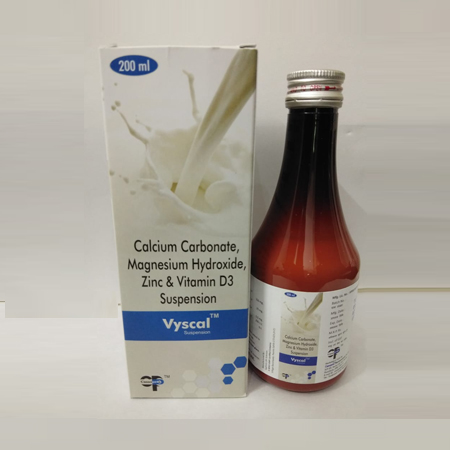 Product Name: Vyscal, Compositions of Vyscal are Calcium Carbonate Magnesium Hydroxide, Zinc & Vitamin D3 Suspension - Cassopeia Pharmaceutical Pvt Ltd