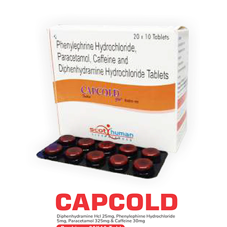Product Name: Capcold, Compositions of Capcold are Phenylephrine Hcl,Paracetamol,Caffeine and  Diphenhydramine Hcl Tablets - Scothuman Lifesciences